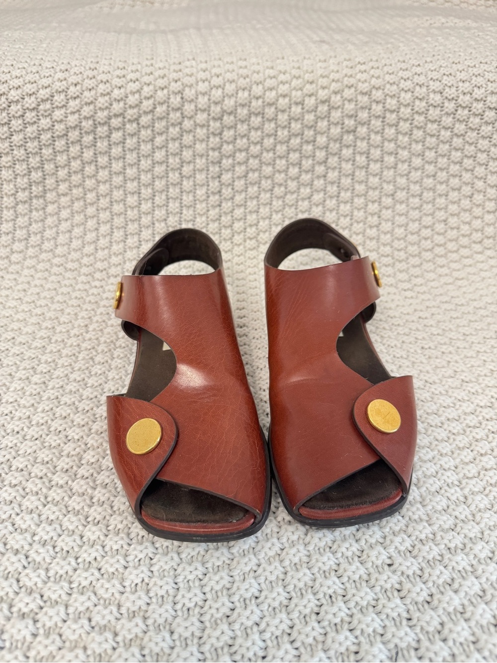 Stella McCartney Cognac Brown Open-Toe Sandals with Gold Buttons